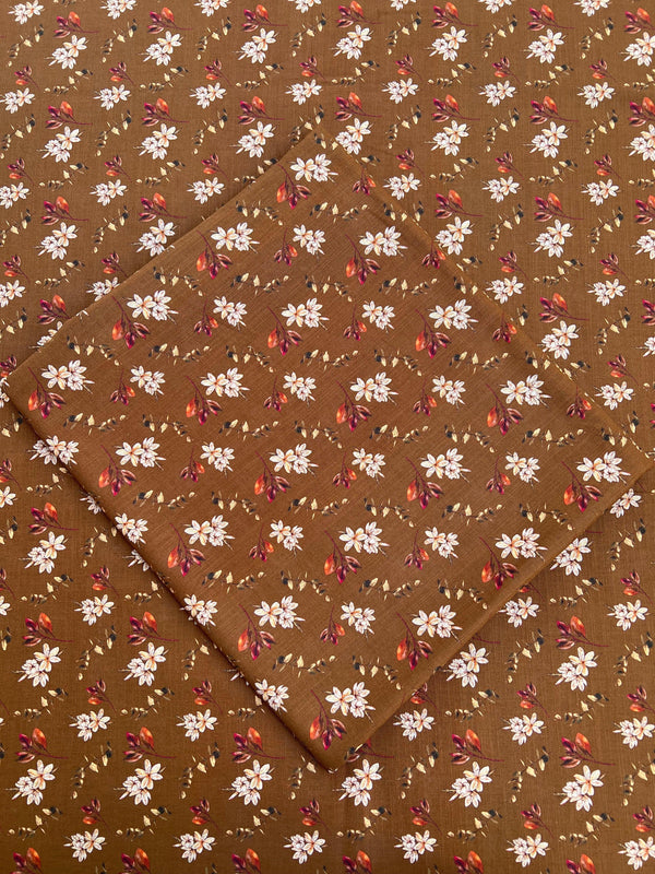 Timeless Sophistication: Brown Backdrop White Floral Print - Unstitched Khaddar