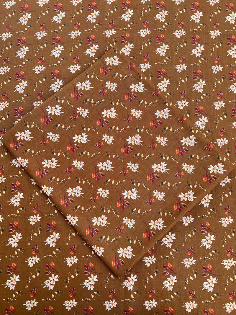 Timeless Sophistication: Brown Backdrop White Floral Print - Unstitched Khaddar