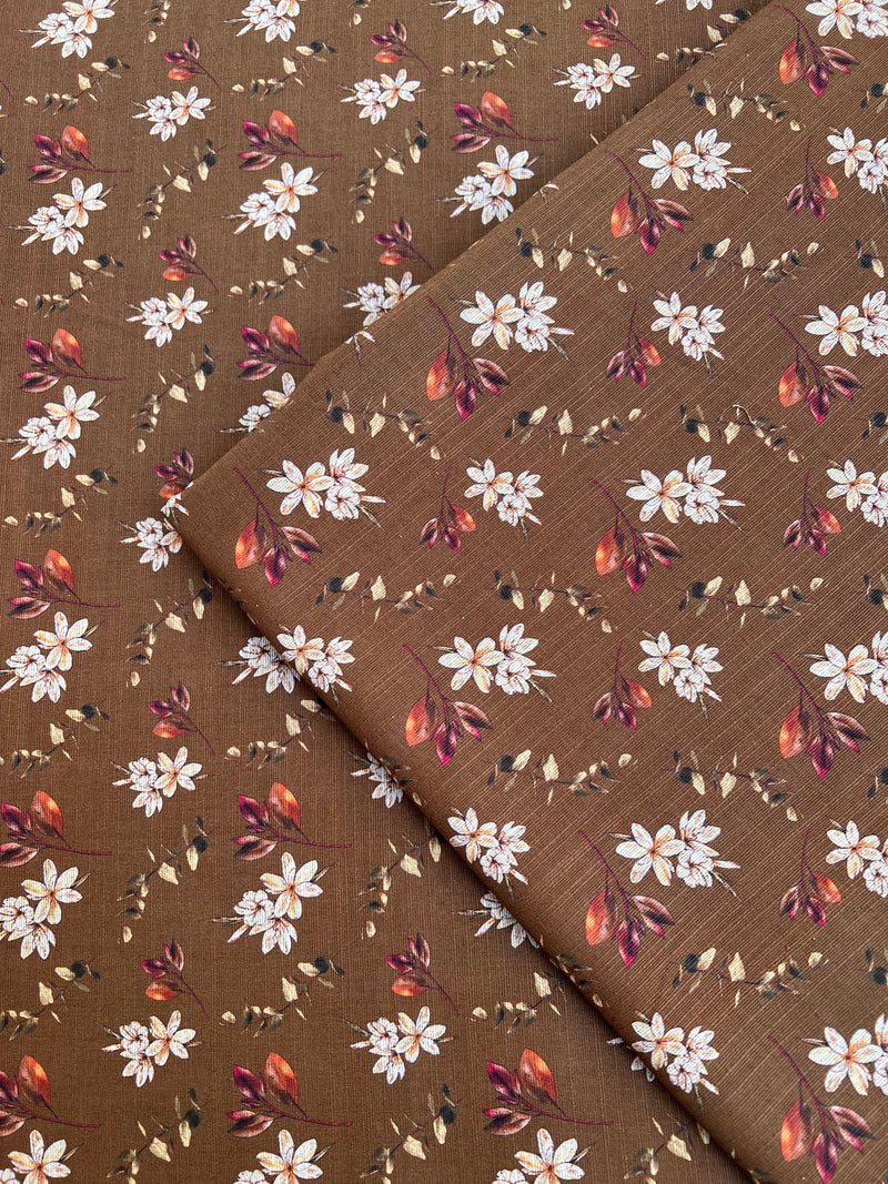 Timeless Sophistication: Brown Backdrop White Floral Print - Unstitched Khaddar