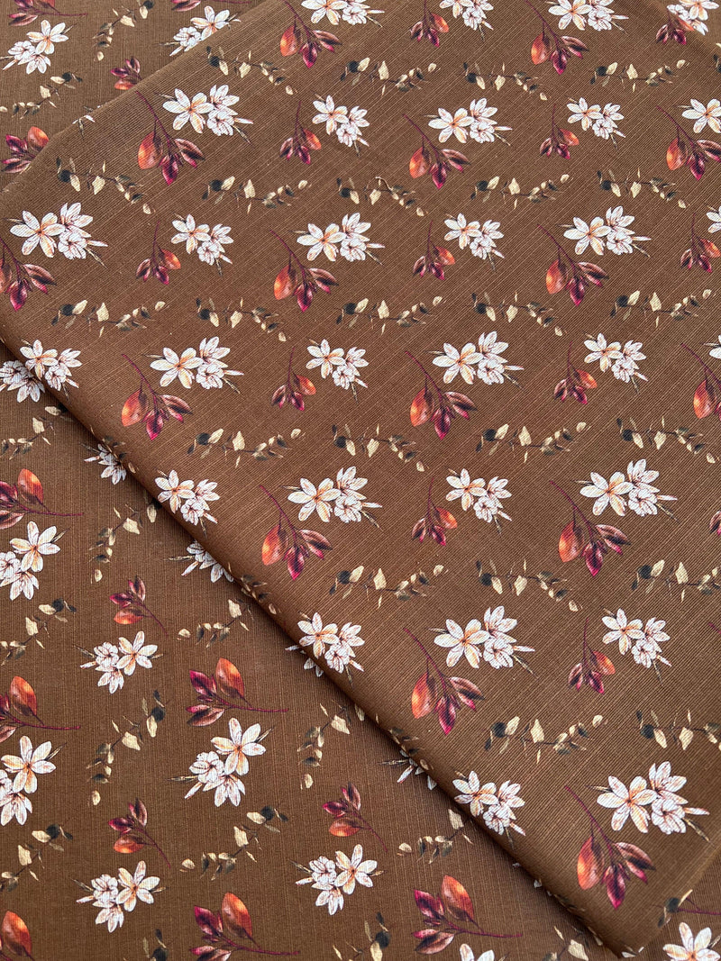 Timeless Sophistication: Brown Backdrop White Floral Print - Unstitched Khaddar