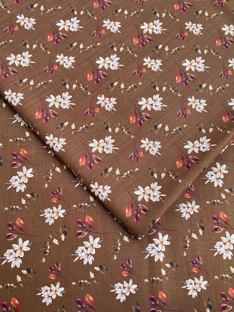 Timeless Sophistication: Brown Backdrop White Floral Print - Unstitched Khaddar