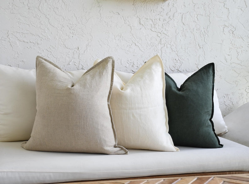 Linen Cushion (Beige, Ivory & Dark Green)
