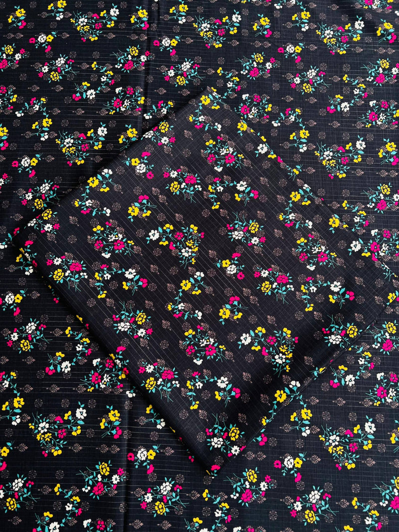 Jet Black Daisy Floral Stripes - Unstitched Khaddar