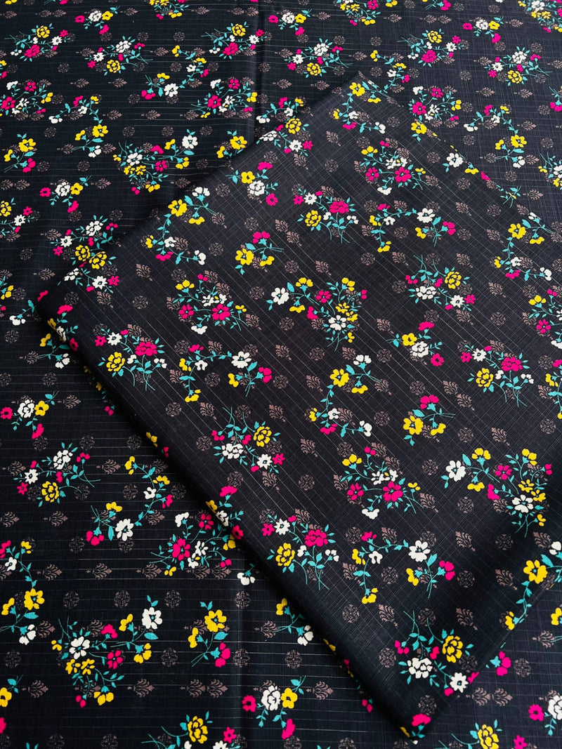 Jet Black Daisy Floral Stripes - Unstitched Khaddar