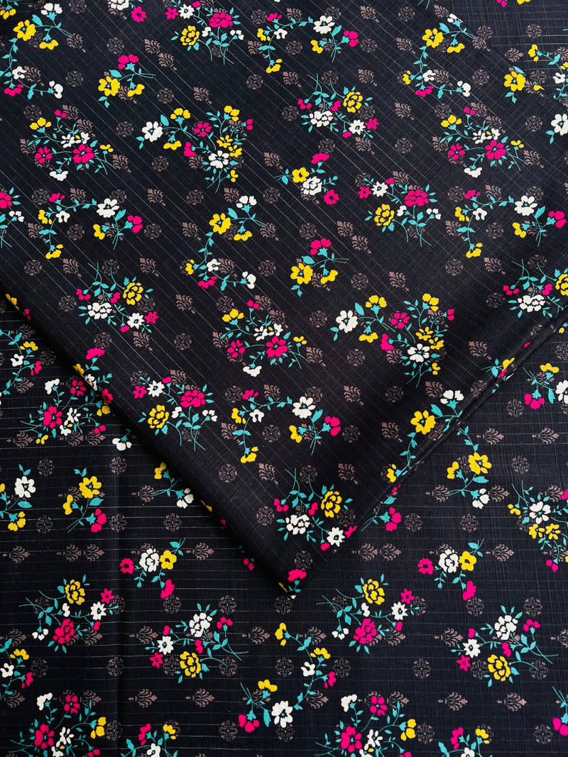 Jet Black Daisy Floral Stripes - Unstitched Khaddar